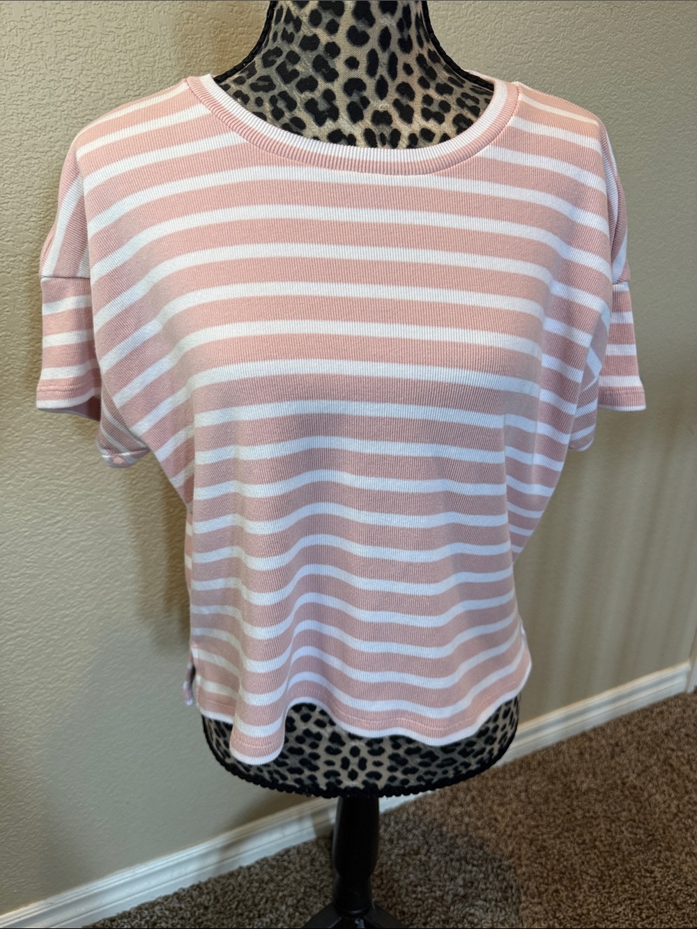 Ann Taylor Pink & White Striped Short-Sleeve sweater Crew Neck